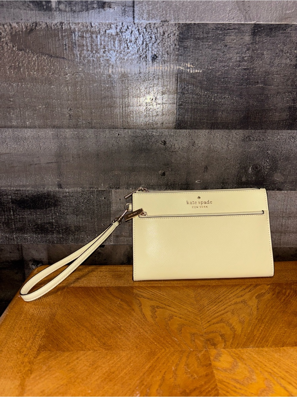 kate spade Pale Yellow Leather Wristlet Clutch with Strap